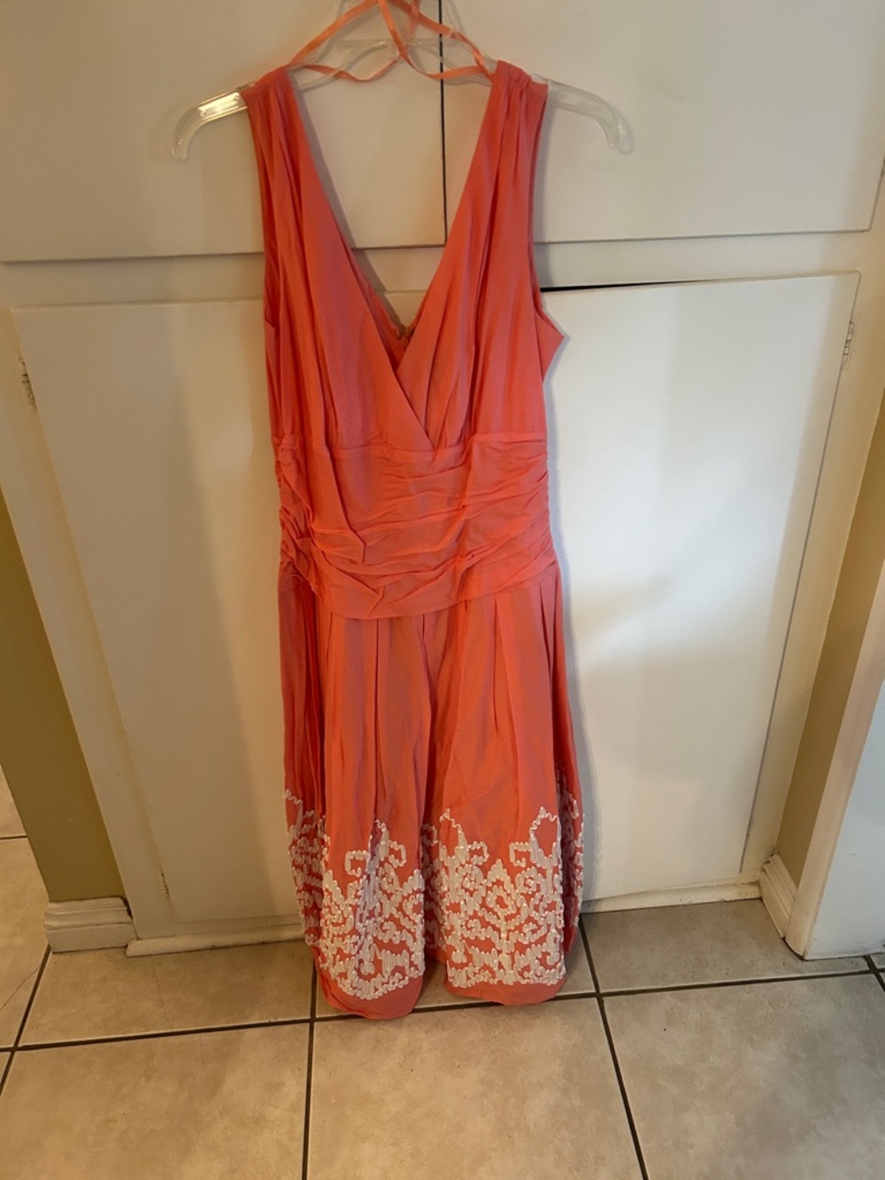 S.L. Fashions Coral-Pink V-Neck Ruched Midi Dress with White Lace Hem